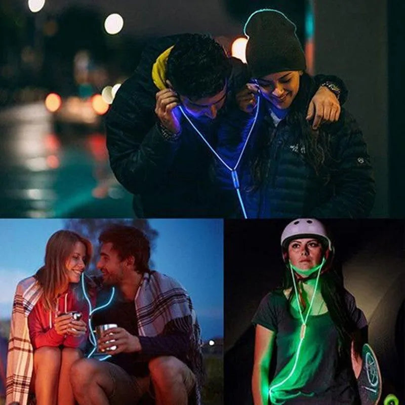 Blue LED light-up earphones with 3.5mm jack, compatible with iPhones, showing illuminated earpieces.