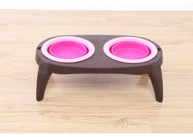 Grey folding pet double bowl made from PP and TPR with non-slip base, packed flat at 38.5 x 21.5 x 12.5 cm