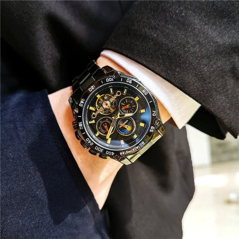 Men's automatic mechanical watch with a slim 12mm case shown in multiple colour variants.