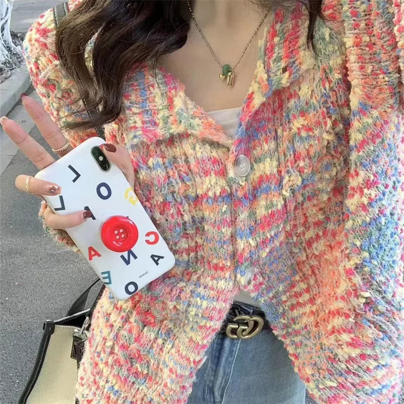 Retro style acrylic fibre knitted rainbow sweater cardigan in pink or green with regular sleeves