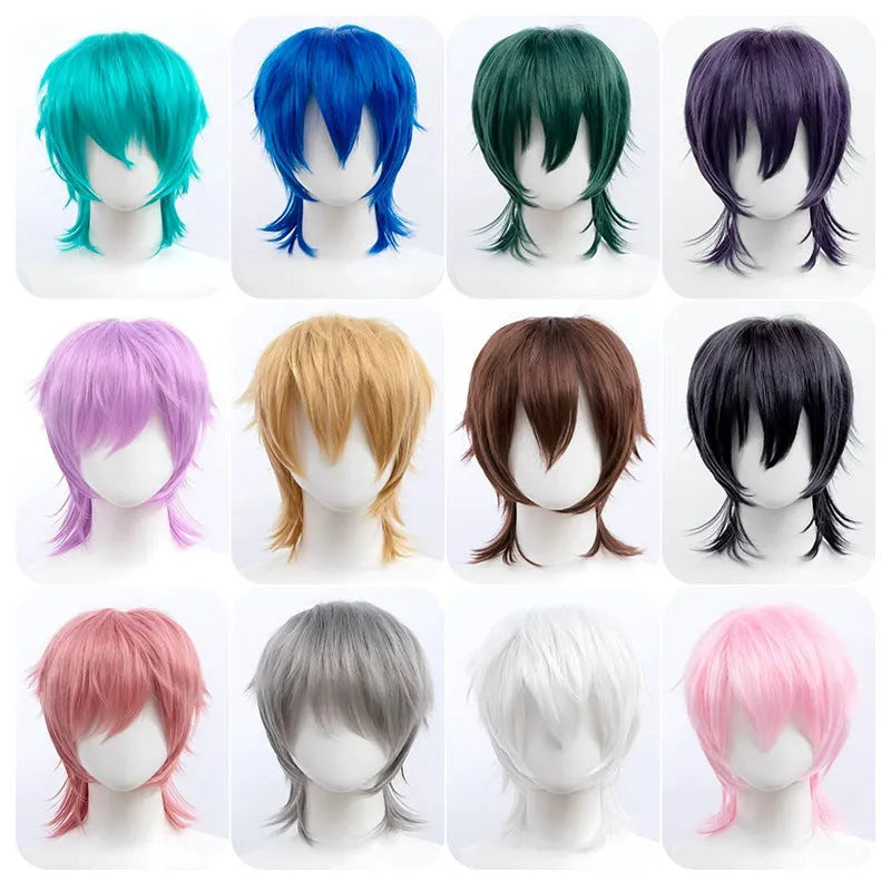 A short-style anime cosplay wig for men in high-temperature fiber, shown in a red colour option.