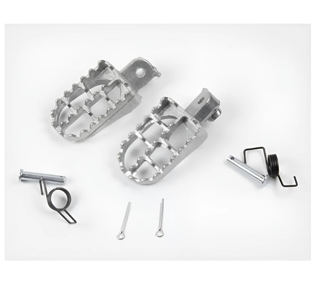 Pair of aluminium off-road motorcycle foot pedals with foot nail cover design available in black or silver