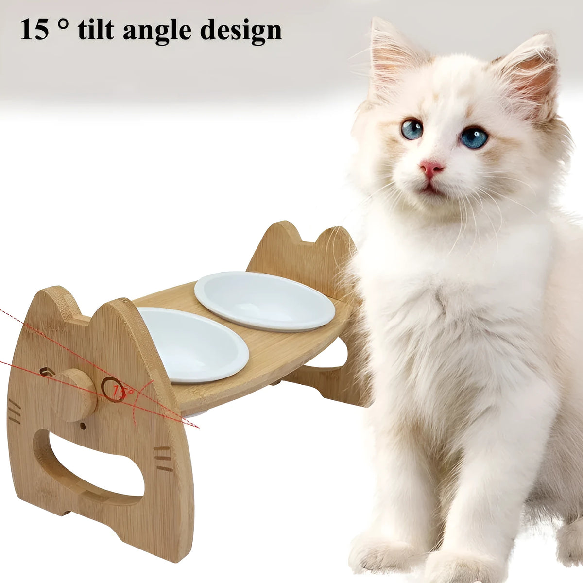 Height adjustable bamboo and ceramic double pet bowl stand with wooden frame, original wood colour, suitable for cats and dogs