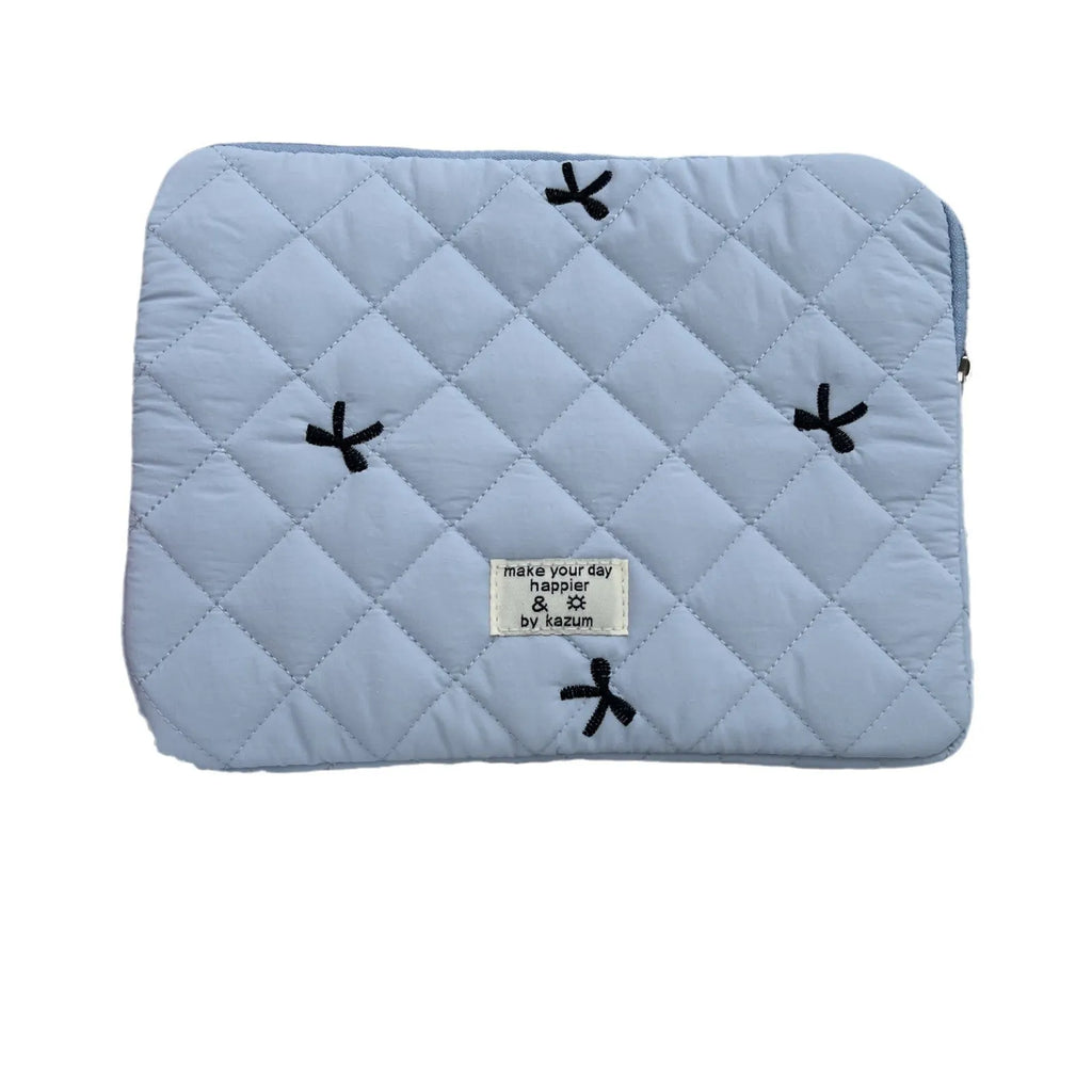 Embroidered rhombus bow detail on nylon laptop storage bag in light blue colour