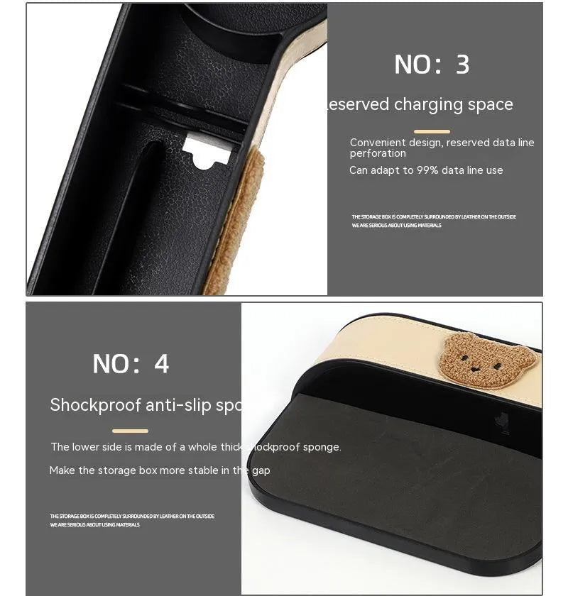 Leather car seat gap storage box with cartoon bear design, shown fitted next to a car seat.