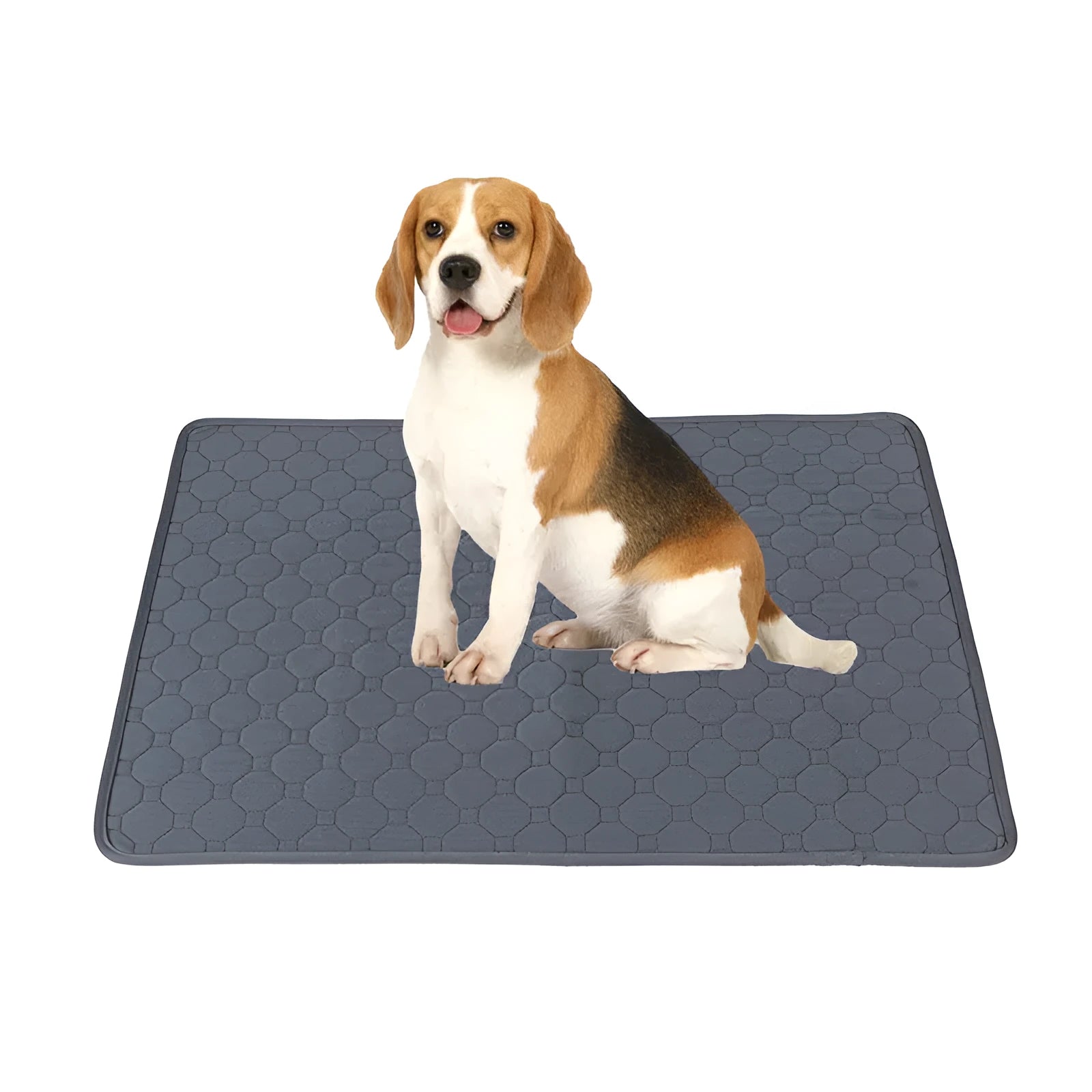 Grey and tan washable dog pee pads measuring 18x24 inches with triple-stitch binding