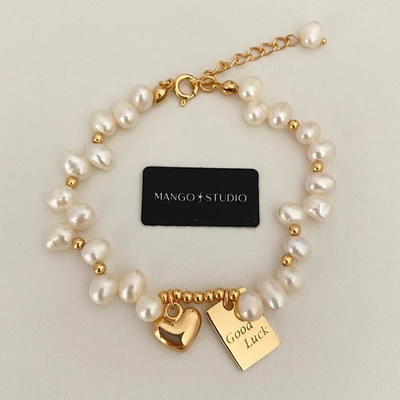 Artificial pearl square plate heart bracelet with electroplated finish for women