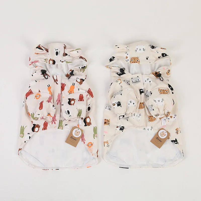 Cartoon dog raincoat with waterproof coating in beige patterns available in multiple sizes