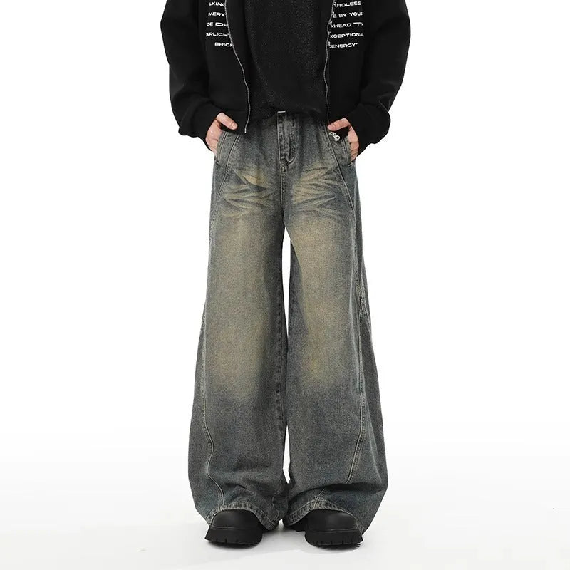 Blue washed distressed stitching straight loose wide-leg jeans for men, cotton denim, mid waist