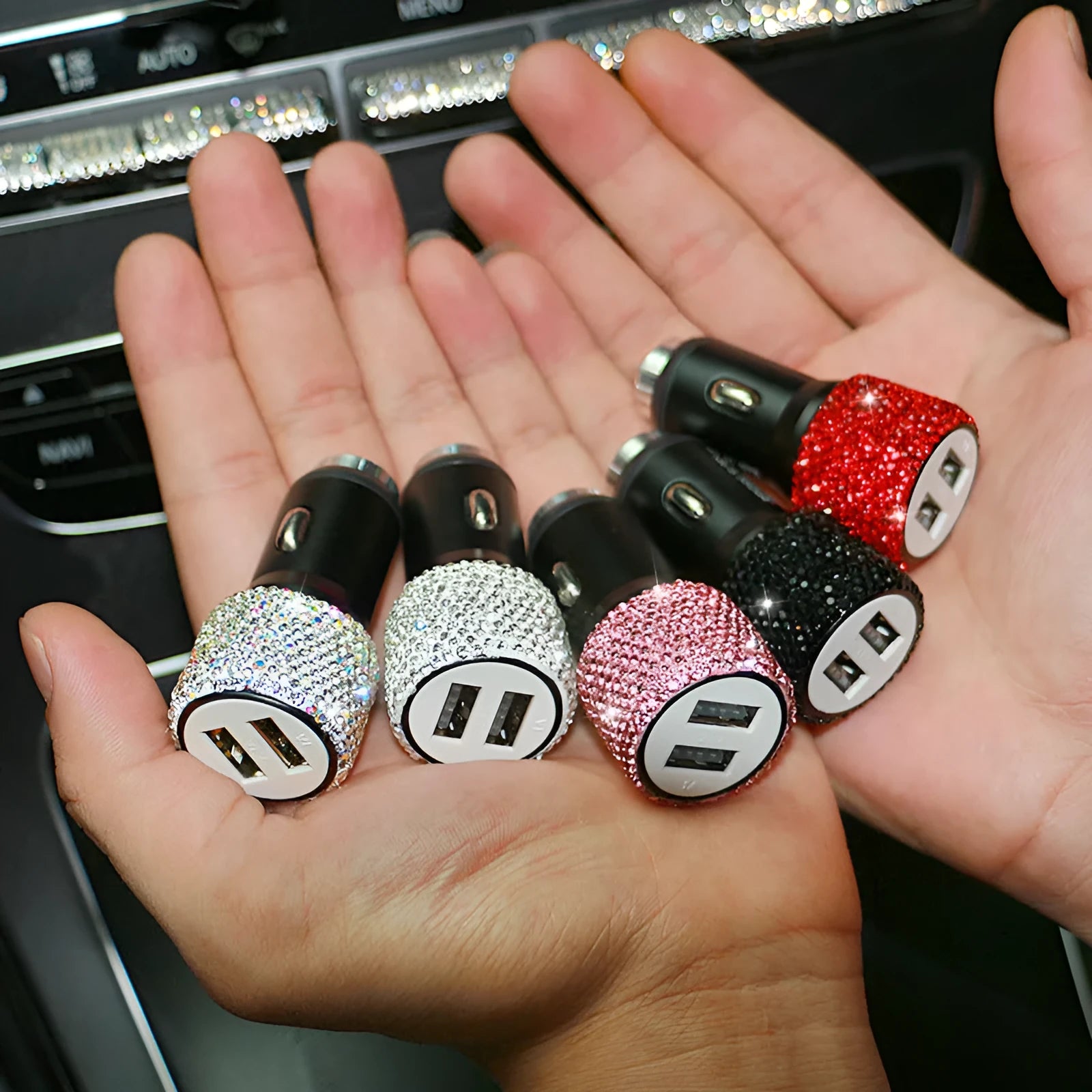 Diamond pattern car charger plug for cigarette lighter socket in selected colour.
