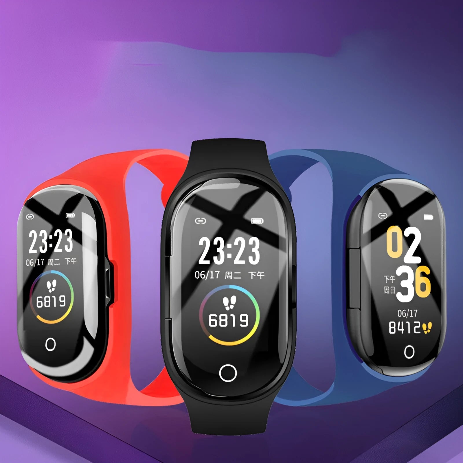 Blue smart bracelet and earphone combo with 1-inch screen on a silicone wristband.