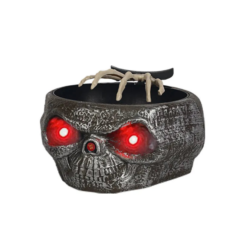 Plastic Halloween candy bowl with motion-activated skeleton hand and lighted red eyes, grey khaki or pumpkin colour