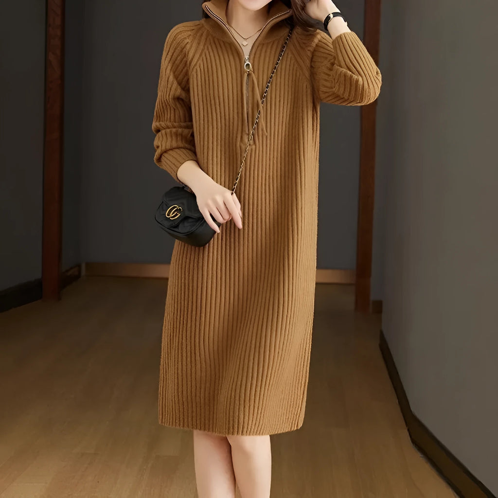 Beige half zip long sleeve midi skirt with a stand collar and straight silhouette