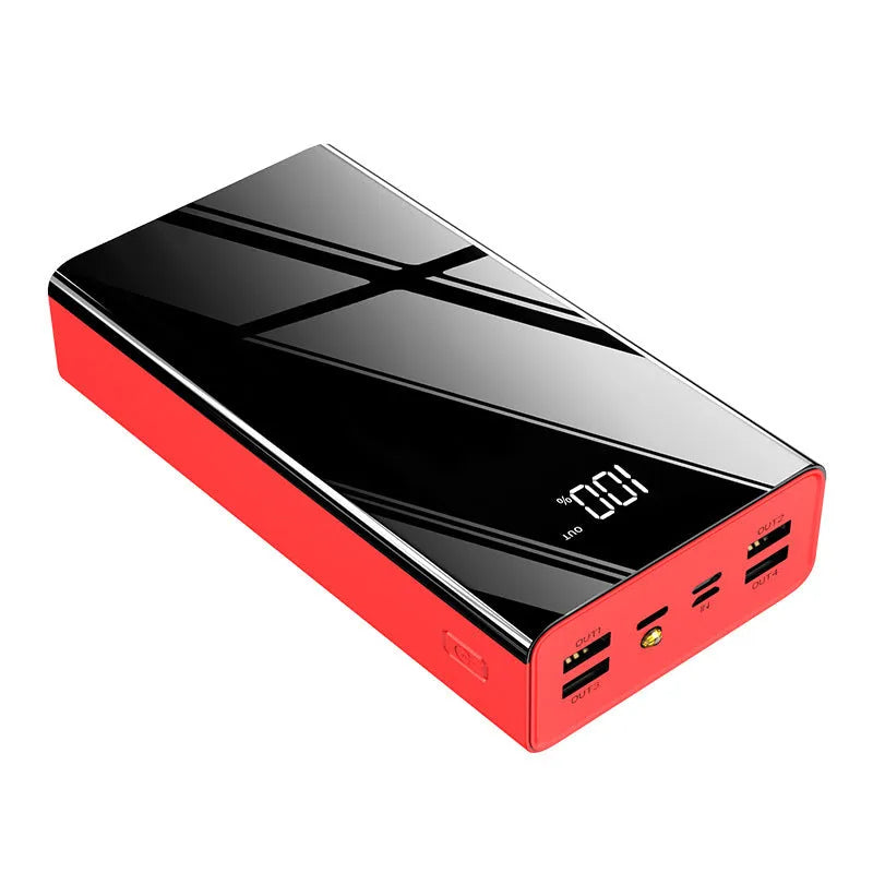 Large 40000mAh red power bank with LCD screen showing battery percentage.