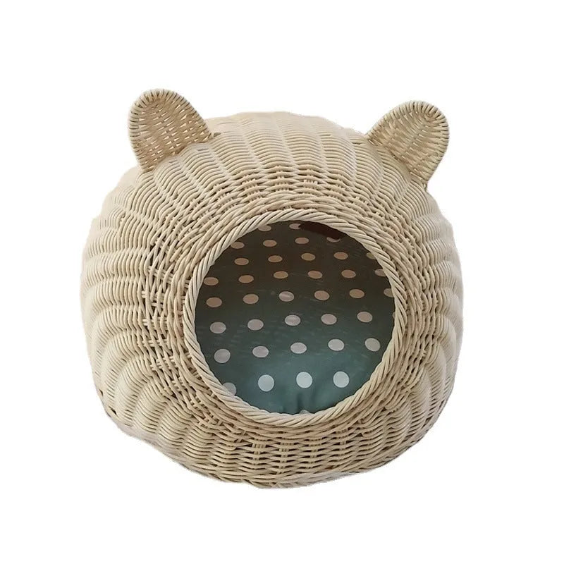 Beige rattan cat litter box with cat ear shaped top and fabric lining, medium size 42cm