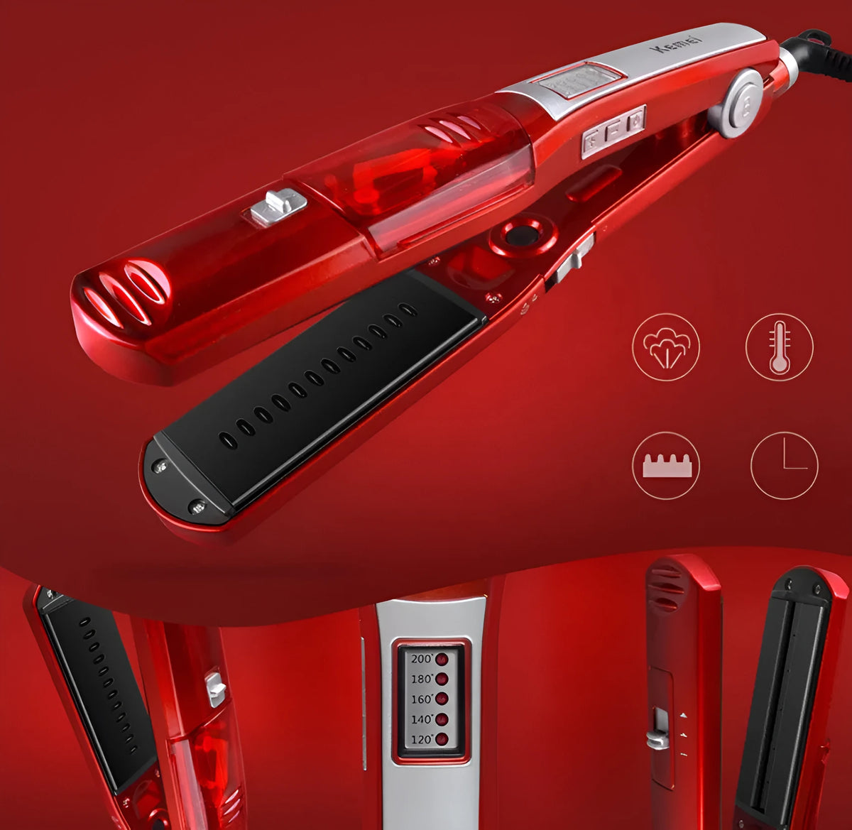 Hair straightener with steam hydration, tourmaline ceramic plates, 31mm diameter, ten temperature settings