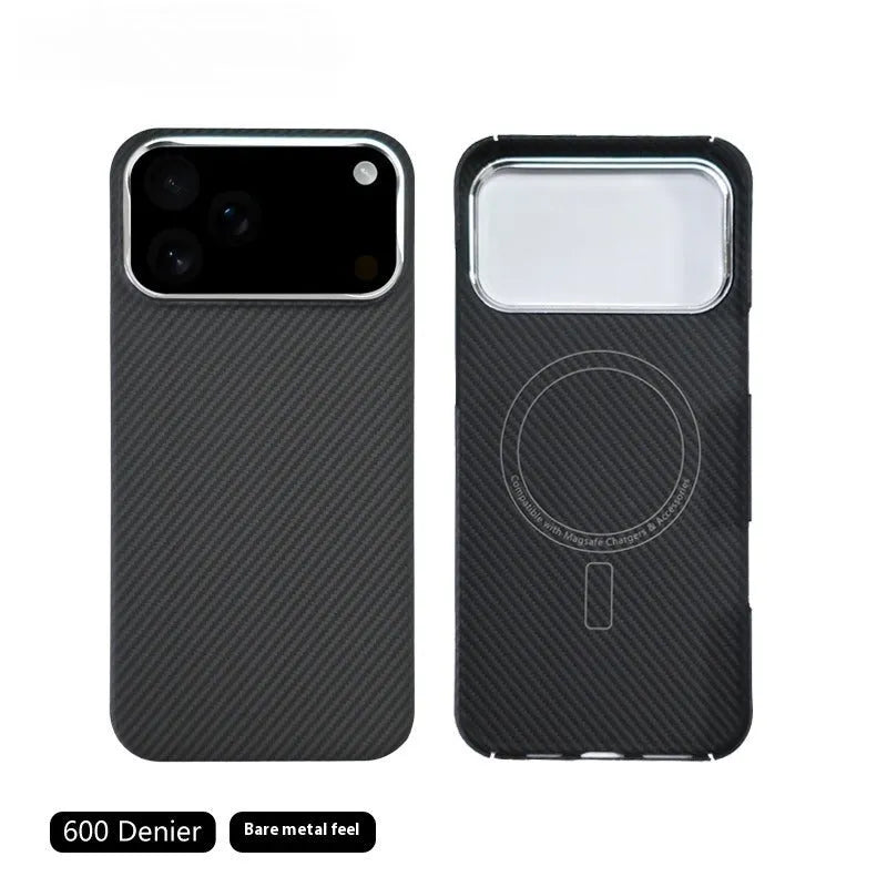 Black aramid fiber magnetic phone case for iPhone 17 Pro Max with lattice pattern and 6D micro relief texture