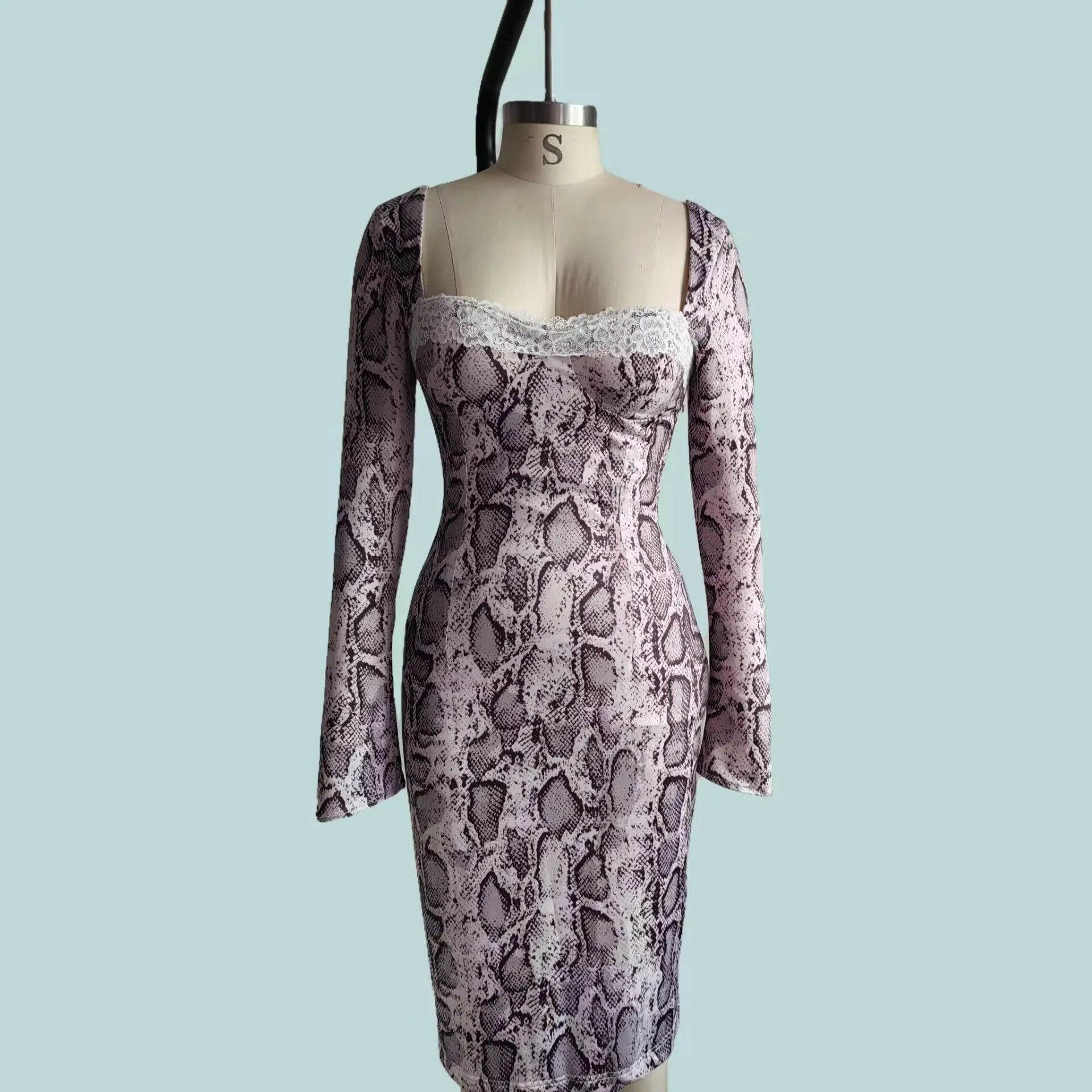 Grey women's slim fit lace dress with long sleeves and a digital 3D printed pattern on an A-line skirt.