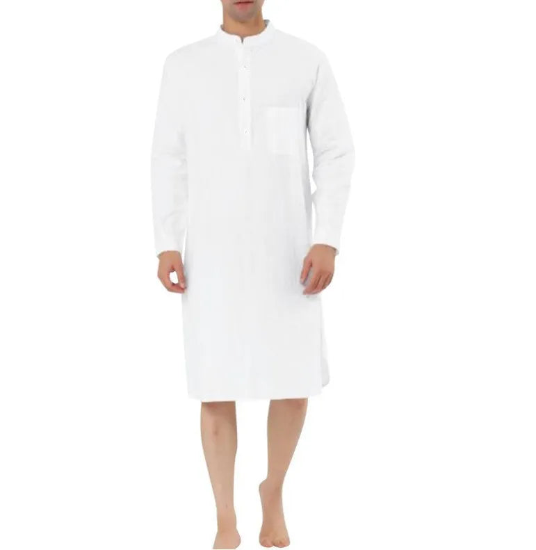 Men's cotton shirt robe in various colours showing shirt collar, front button opening, and pockets