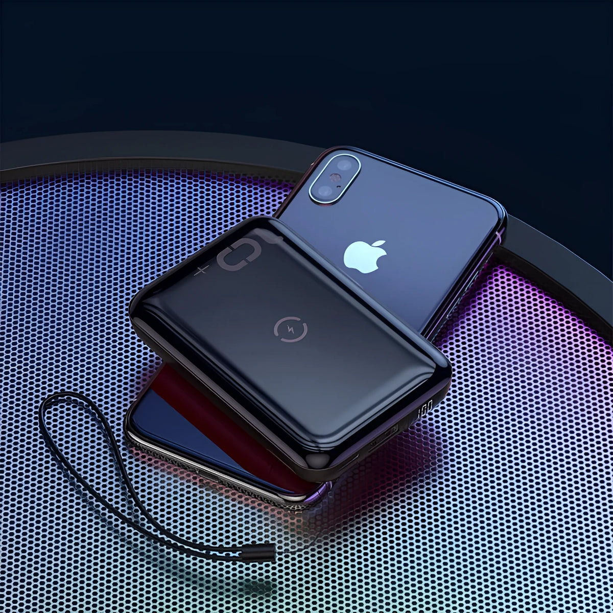 Square black wireless fast charge power bank with LED display showing battery percentage