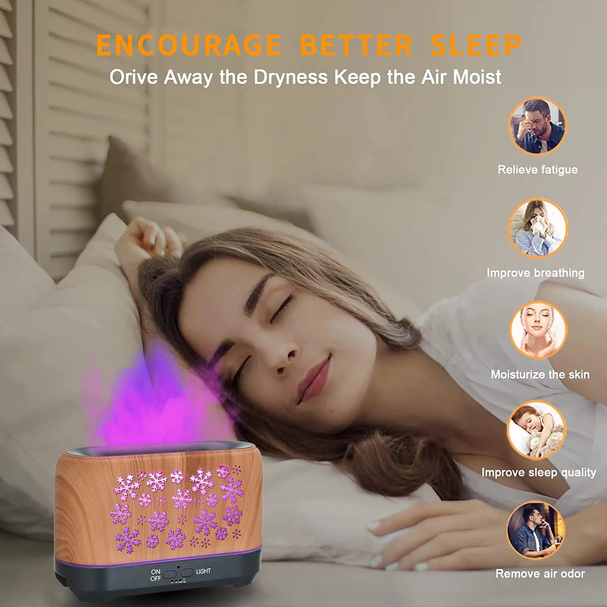 Christmas snowflake pattern humidifier with colourful flame effects and remote control