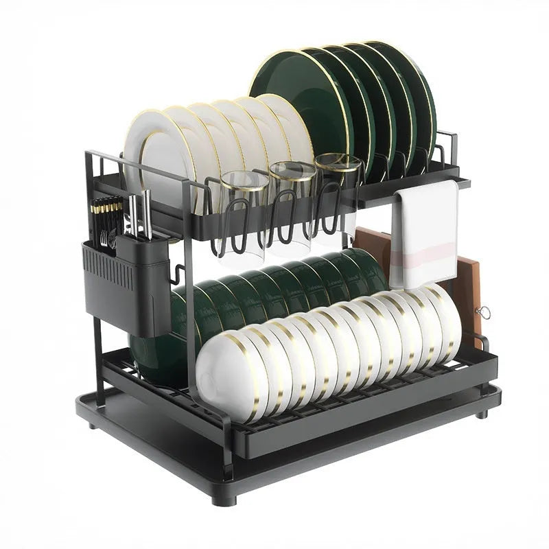 White double-layer kitchen storage rack with removable draining tray on countertop