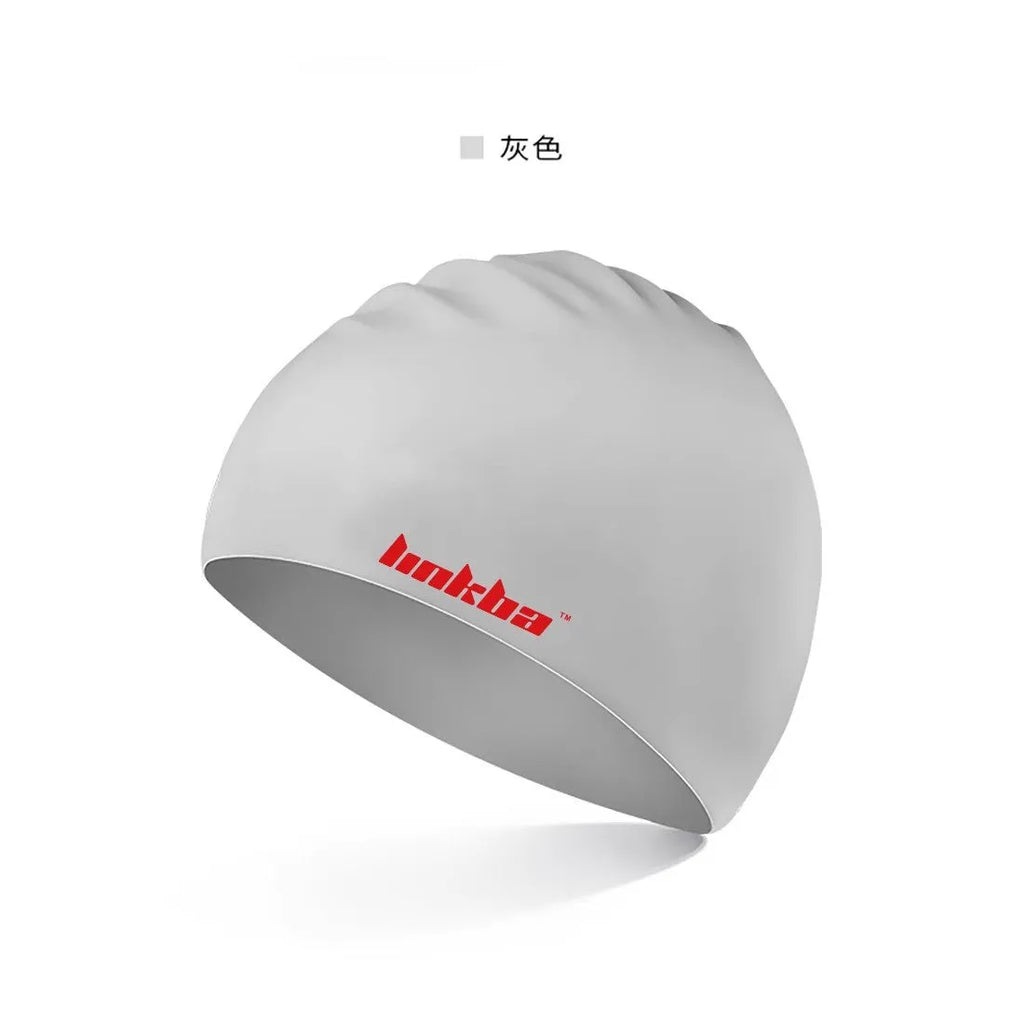 Silicone swimming cap with earmuff design in multiple colour options on a white background.