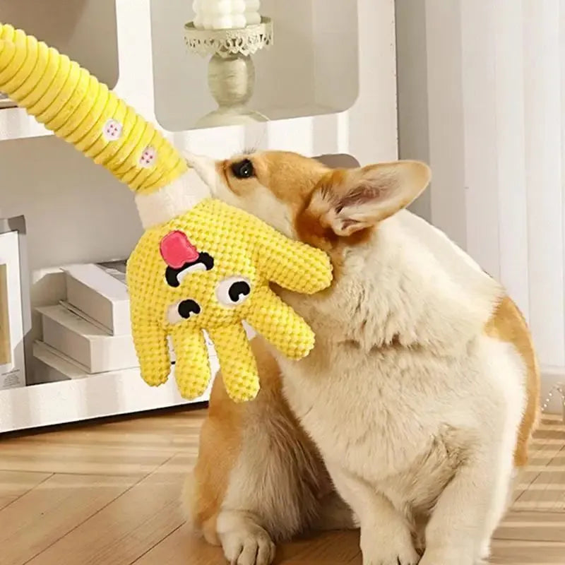 Yellow palm-shaped squeaky plush dog teething toy with bite-resistant fabric for puppy chewing relief