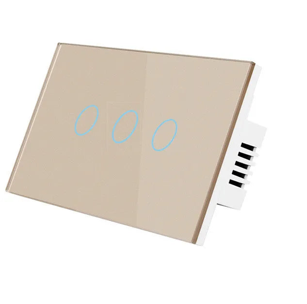 White wireless RF touch light switch with tempered glass panel showing red and blue LED indicators