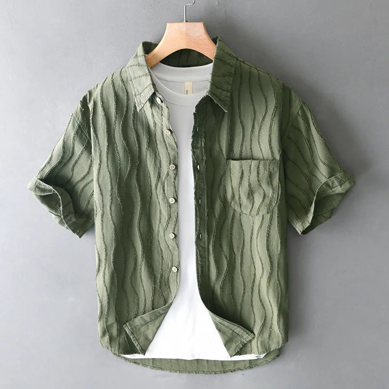 Men's loose-fit cotton summer shirt in apricot colour with Japanese fresh style