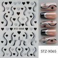 Sheet of black and silver strip pattern nail art stickers with a love motif cartoon design.