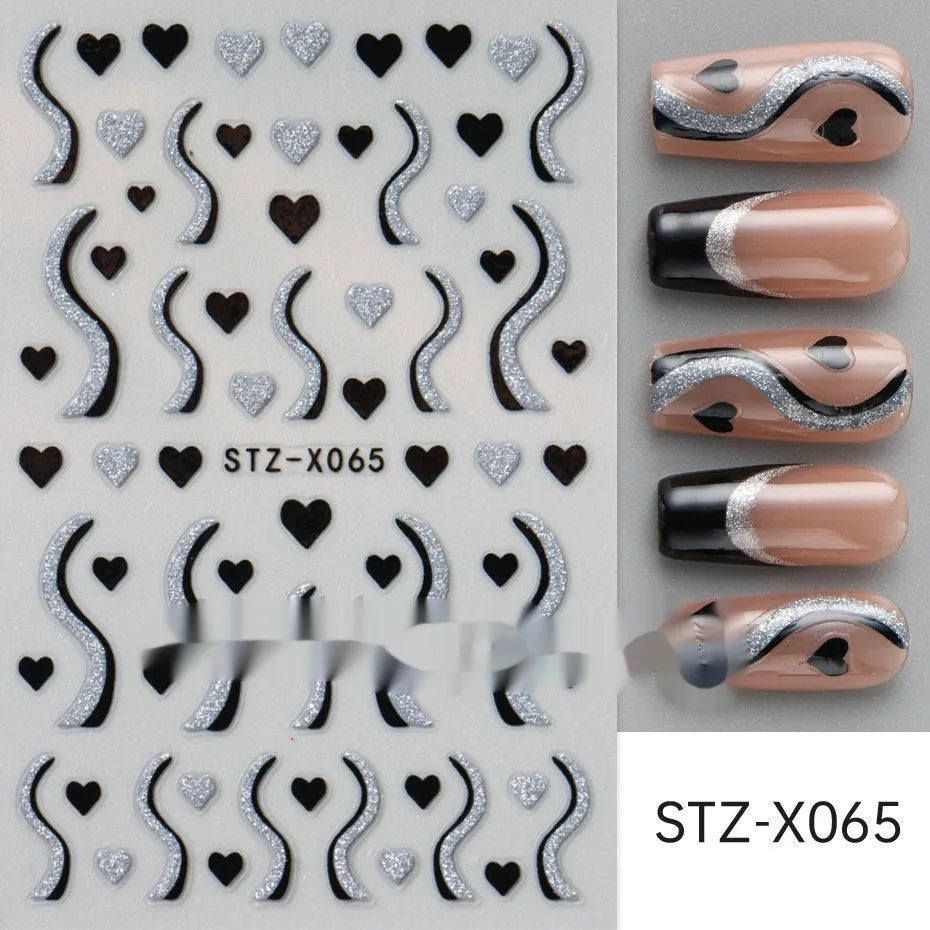Sheet of black and silver strip pattern nail art stickers with a love motif cartoon design.