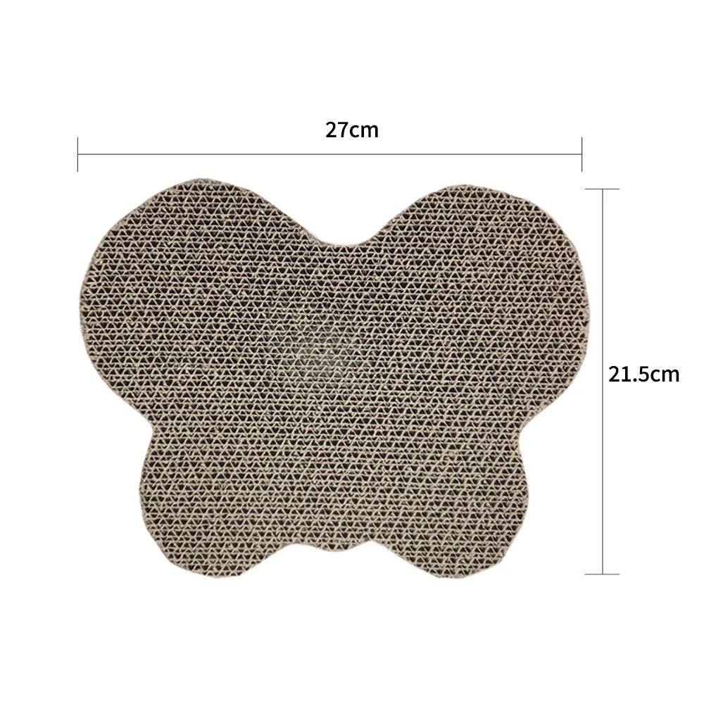 Corrugated paper cat scratcher toy in fish, butterfly and cat head shapes, each 2.5cm thick, for claw grinding.