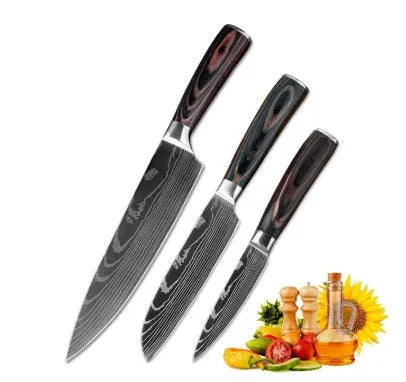 7Cr17 stainless steel chef knife with 18cm blade, laser Damascus pattern, and coloured wood handle