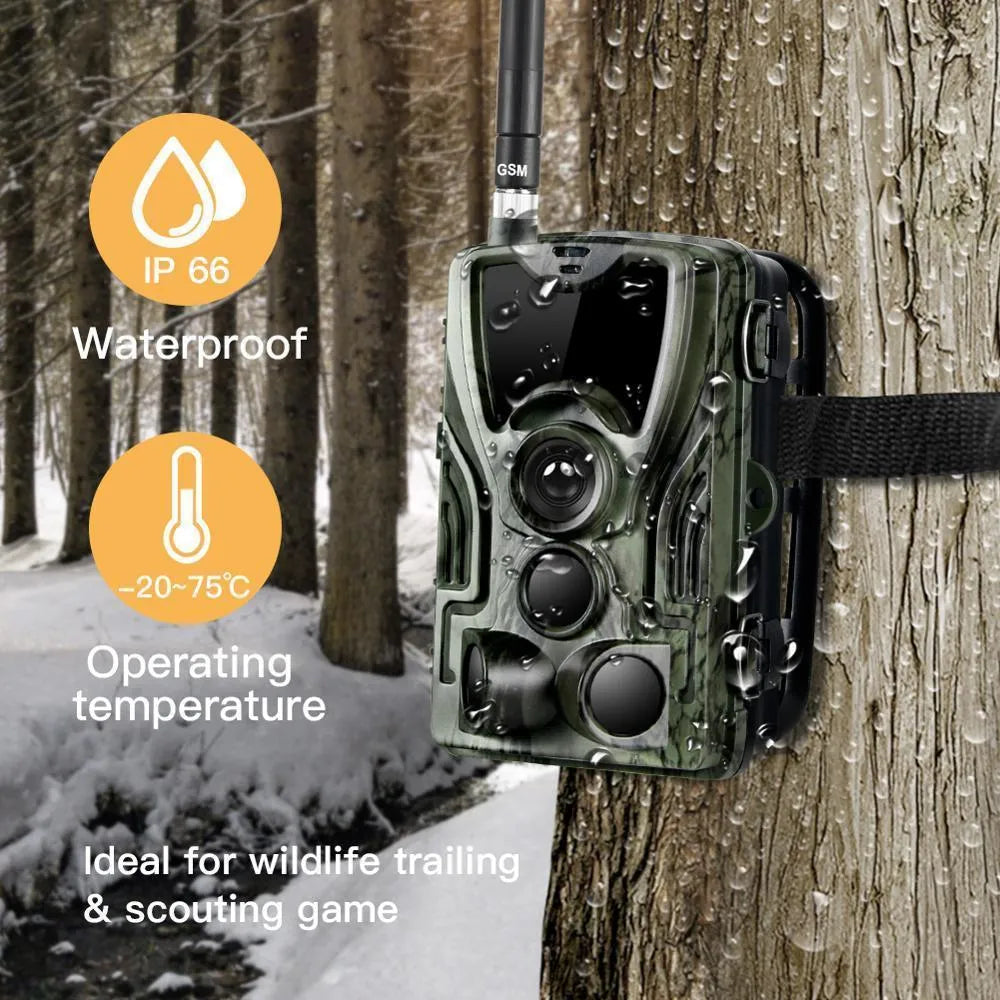 Green camouflage cellular trail game camera for hunting with infrared LEDs.