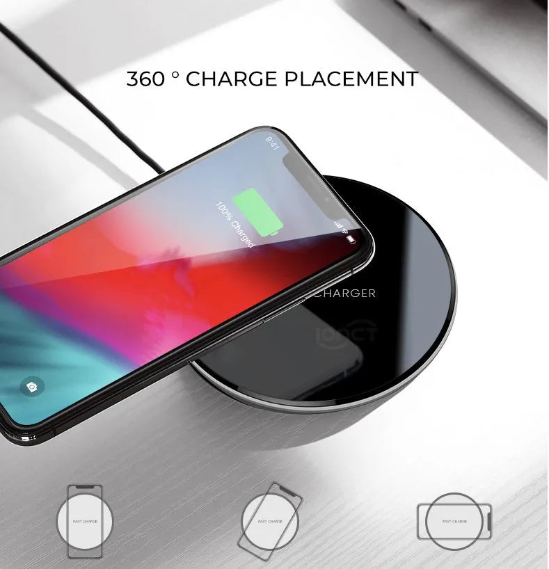 Black QI wireless charging pad with smooth surface and silicone non-slip base for 15W fast charging