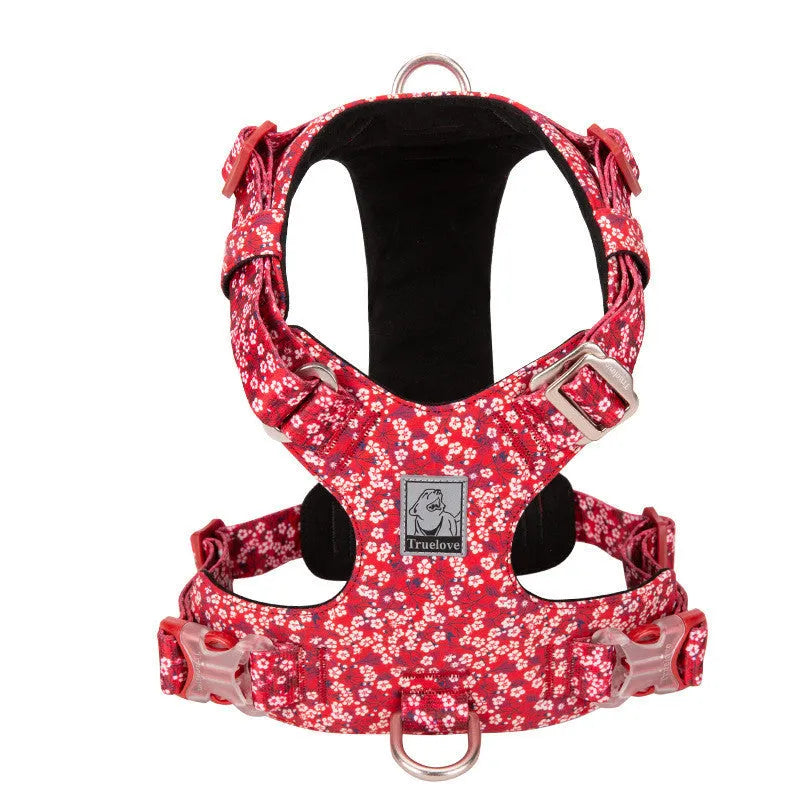 Floral pattern pure cotton dog chest harness with pull-resistant strap on size adjustment