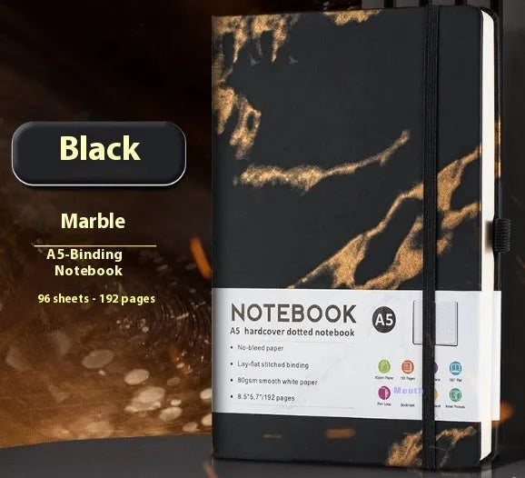 A5 office diary with hand skin feeling PU leather cover and strap closure, open to show horizontal line pages.