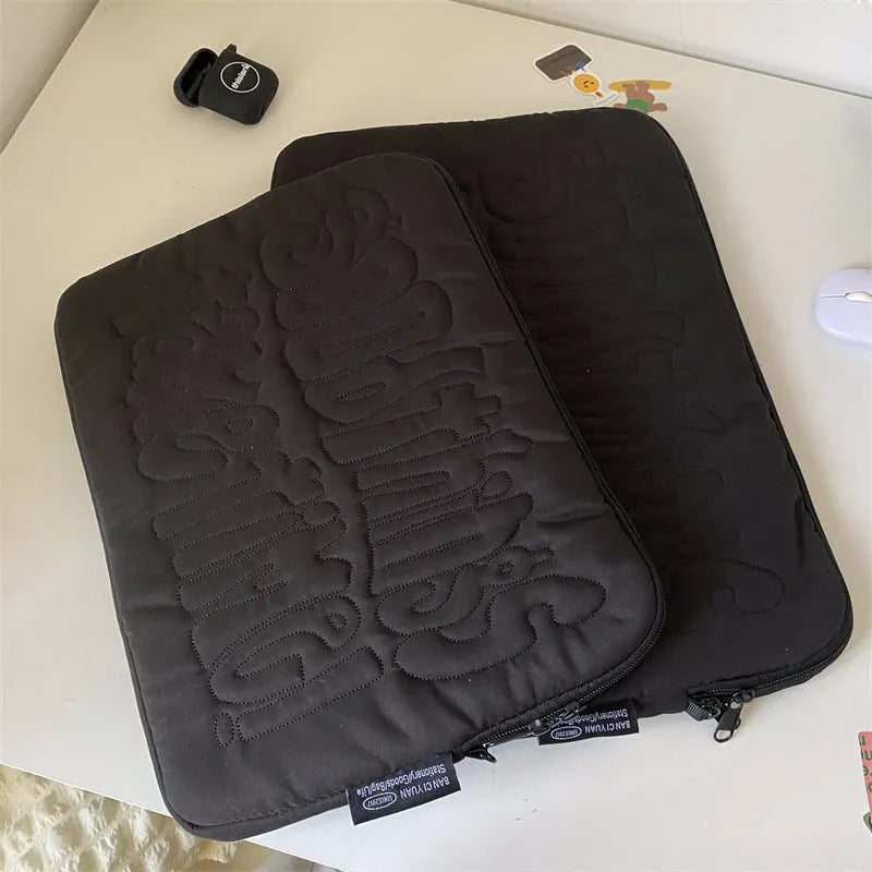 Embroidered silk laptop tablet liner bag in black, ultra-light shockproof design for 15-15.6 inch devices
