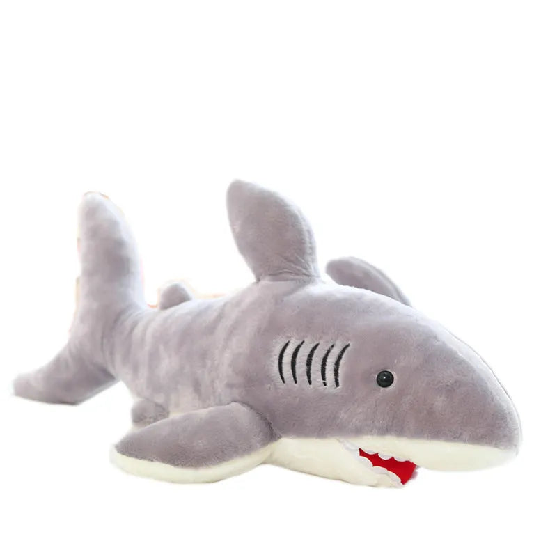 70cm grey shark plush toy with short plush fabric and PP cotton filling, shown against a neutral background