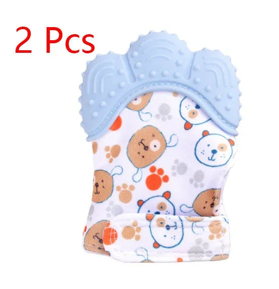 Silicone baby teether glove with Velcro strap in blue colour