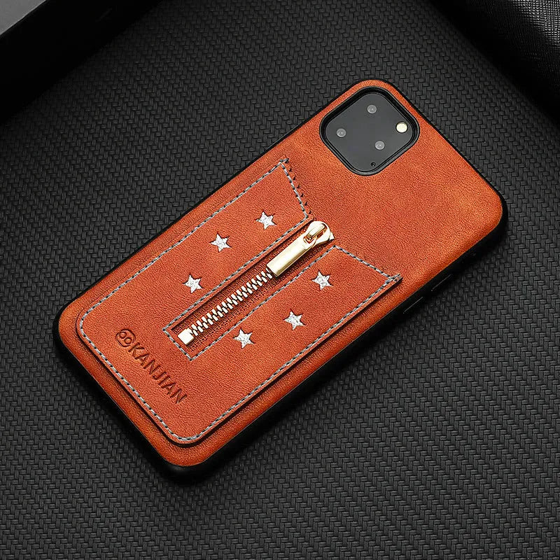 Black PU leather zipper phone case for iPhone with card slots and RFID blocking