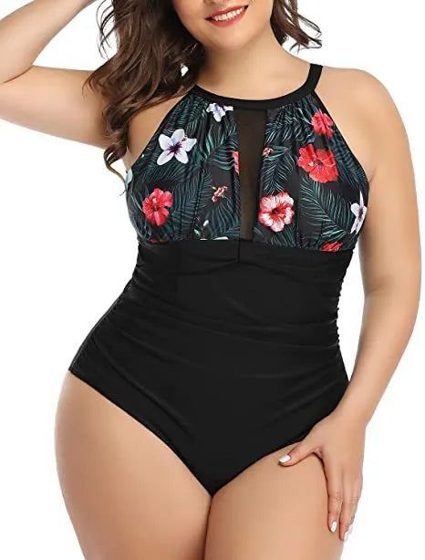 Women's black lace one-piece swimsuit on a hanger with red floral and striped variants shown.