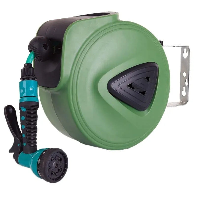 Automatic retractable hose reel with 10 metre PVC water pipe in compact drum housing for car washing and gardening