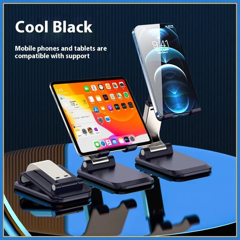 Folding portable desktop stand for mobile phones and tablets in white colour on a wooden desk