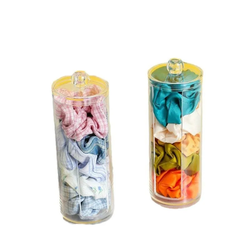 Transparent PE plastic pull-out storage box with cover for hair rings, desktop organiser, modern minimalist style.
