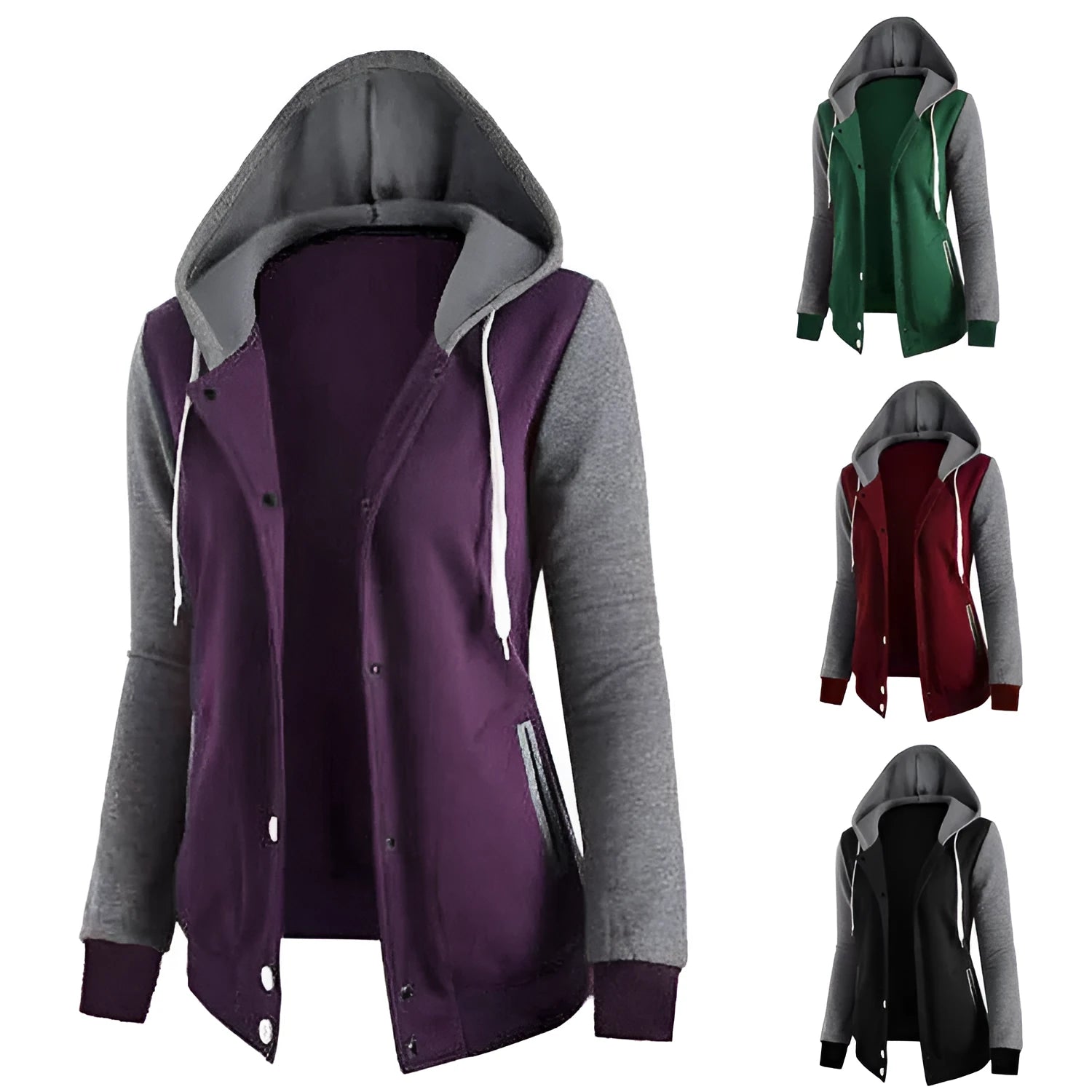 Women's cotton hooded jacket with adjustable hood and side pockets in black, green, purple, red