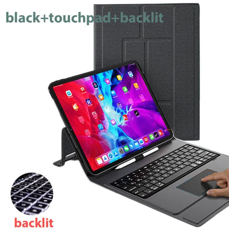 Bluetooth keyboard protector with integrated touch panel for iPad, black touch finish, Bluetooth 5.1, 500mAh battery, 450g