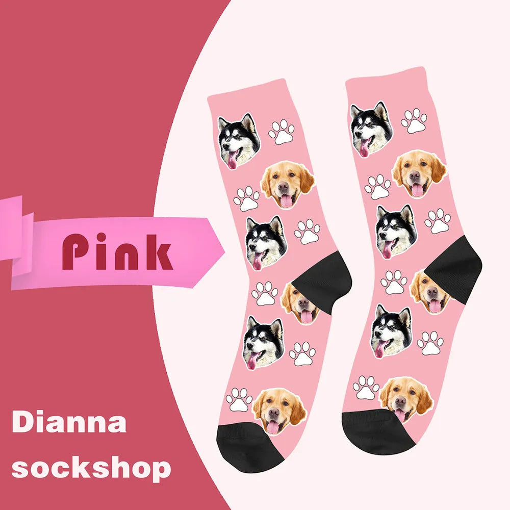 Customised mid-calf socks with a cartoon graphic print in various colours including blue, red, and white.
