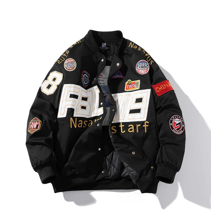 Loose-fitting black American motorcycle baseball jacket with detachable hood on a hanger